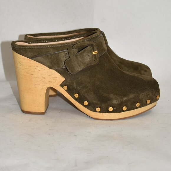 $440 VERONICA BEARD DACEY Buckle Clogs MULE PLATFORM SUED OLIVE 9.5 (MF10) - Picture 2 of 7